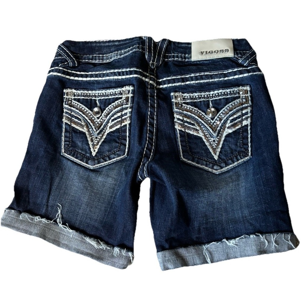 Vigoss Women's Denim Shorts Size 3/4 The Dallas Bermuda Flap Embellished Pockets